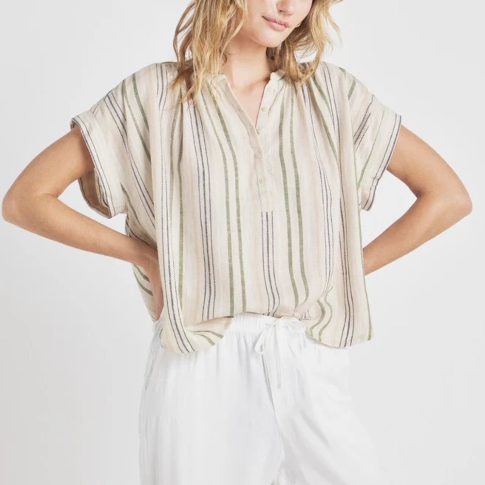 NWT Splendid Beige and Green Priya Button Down Striped Blouse | XL